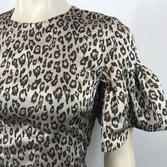 BANANA REPUBLIC - WOMENS 2 - BLACK BROWN LEOPARD PRINT SHORT RUFFLE SLEEVE DRESS - Picture 3 of 8